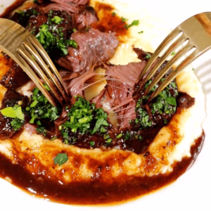 overnight 17 hour slow cooked beef cheek with red wine and thyme