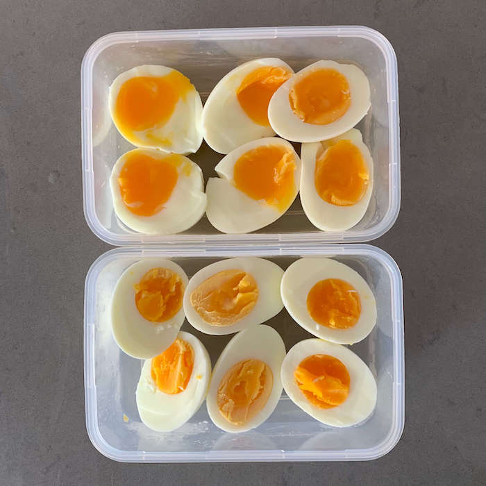Boiled eggs cooked to different hardnesses